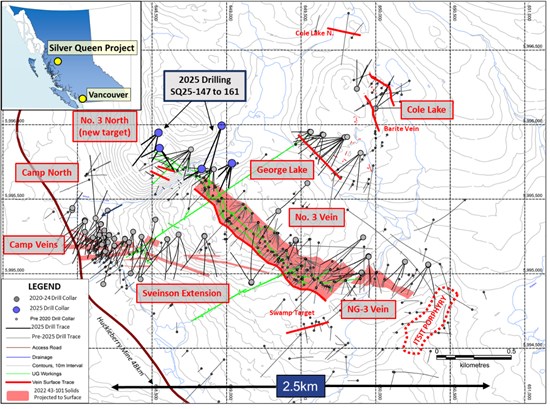 Equity Metals Reports First Assays from No. 3 North 2025 Expansion Drilling, Including 540 g/t AgEq over 3.5m, Silver Queen Property, BC